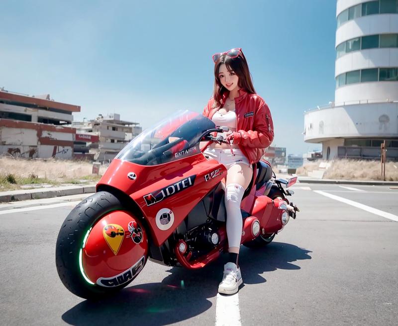 16347-31630370-closed - up, masterpiece, best quality, a pretty woman, beautiful face, wearing white jacket and jeans, (riding a red akirabike.png